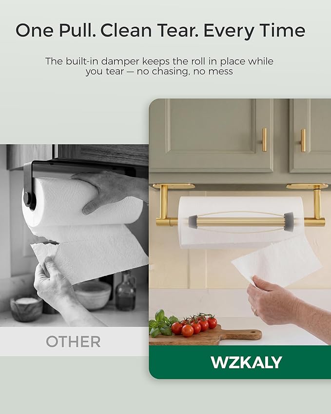 Gold Paper Towel Holder Under Cabinet, Self Adhesive or Wall Mount for Kitchen Bathroom, Stainless Steel Paper Towel Holders with Damping Effect, Single Hand Operable