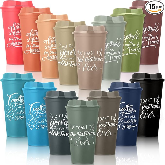 Pickmesh 15 Pcs Employee Appreciation Gifts Bulk 16 oz Plastic Tumblers with Lids Graduation Teacher Appreciation Gifts Reusable Coffee Cups for Staff Volunteer Coworker Team (Morandi Color 2)