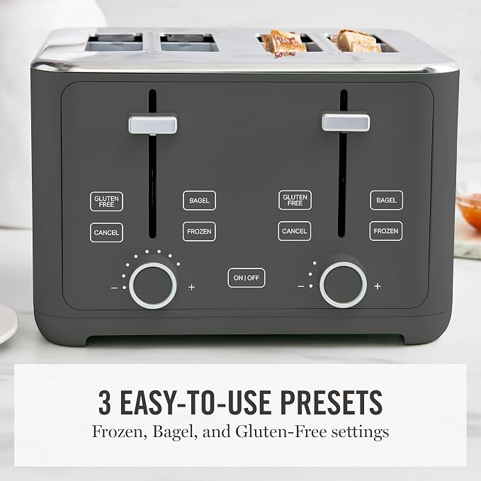 Martha Stewart 4 Slice Toaster, 10 Shade Settings with Defrost, Cancel, Bagel & Gluten-Free, Extra-Wide Self-Centering Slots for Waffles & Artisan Bread, Removable Crumb Tray, Cord Wrap, 1800W, Caviar