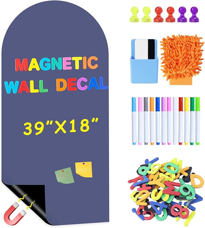 Dusty Blue Magnetic Chalkboard for Wall - 39.3”x17.5” Peel and Stick Magnetic Blackboard with Bonus Magnet Letters & Starter Accessories Arch Wall Decal for Classroom Kids Playroom Coffee Shop