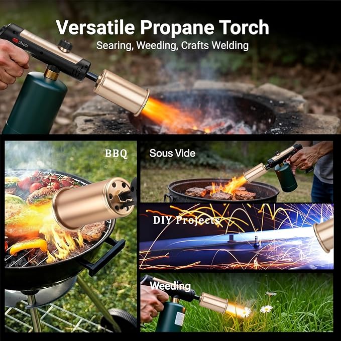 Propane Torch Gun With One-Touch Max Fire, Adjustable Kitchen Torch, Powerful Propane Torch With Many Safety Features(Tank Not Included)