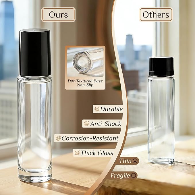 PrettyCare 12 Pack, 10 ml Essential Oil Roller Bottles with Stainless Steel Roller Ball - Refillable Leak-proof Empty Thick Clear Glass Roll on Bottles with Black Caps for Travel, Perfume