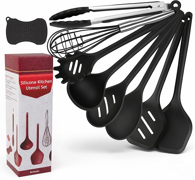 Kitchen Utensils Set,9 PCS Silicone Cooking Utensils Set Spatula Set,Non Toxic Cooking Utensils,Tongs,Spoon,Whisk,Brush,BPA Free Kitchen Gadgets for Non-Stick Cookware,Home Essential(Black-9P)