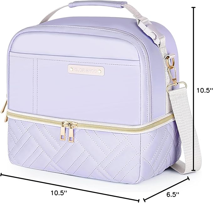 Double Deck Lunch Box Bag Women - Vegan Leather Insulated Waterproof Leakproof Cooler for Work Travel Picnics - Teacher Mothers Day Christmas Birthday Gifts