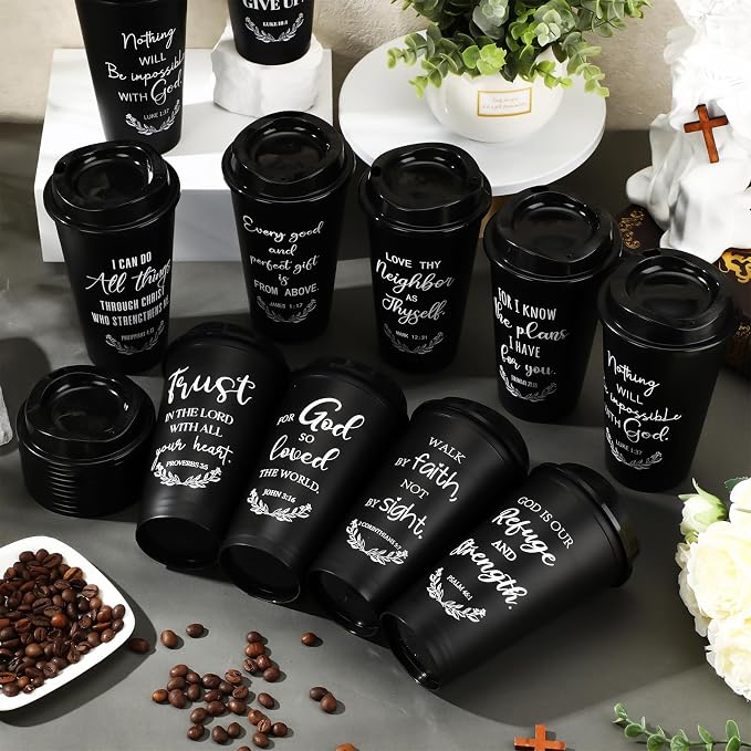 Skylety 20 Pack Bulk Christian Gifts for Men Women 16oz Reusable Bible Verse Tumbler Plastic Coffee Cup with Lid Inspirational Religious Church Gift for Teacher Graduation Party Favor (Black)