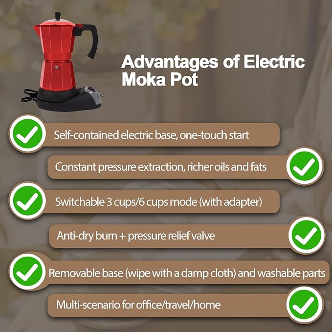 Aluminum Electric Moka Pot 3-6 Cup 270ml Express Coffee Maker Stovetop Espresso Portable Coffeemaker Italian Classic Brewing Greca Cafe Mocha with Removable Base and Overheating Protection Machine
