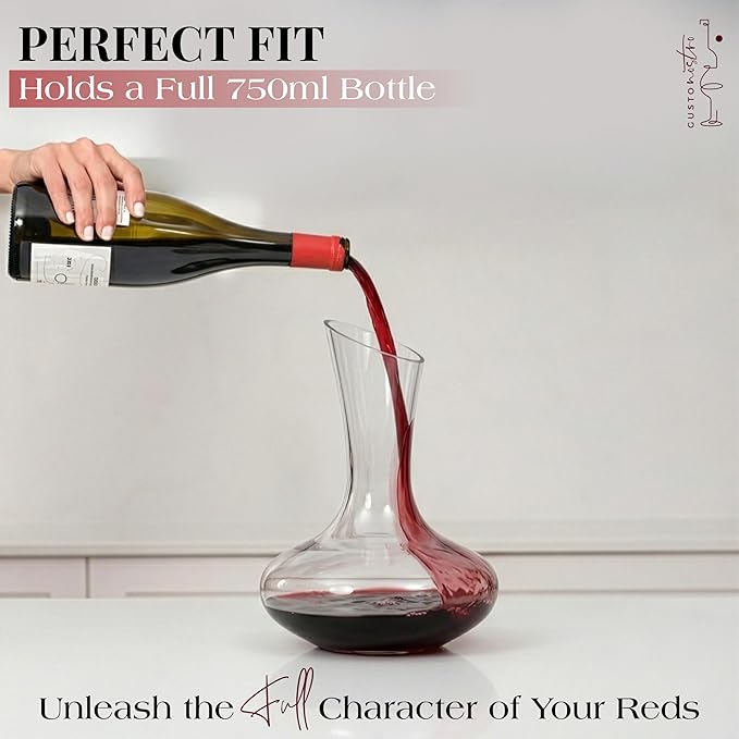 Gusto Nostro Crystal Wine Decanter with Marble Stopper - Premium Hand-Blown Lead-Free Glass Wine Decanter for Red Wines - 750ml Carafe for Wines with Natural Stone Round Stopper - Sleek Slanted Design