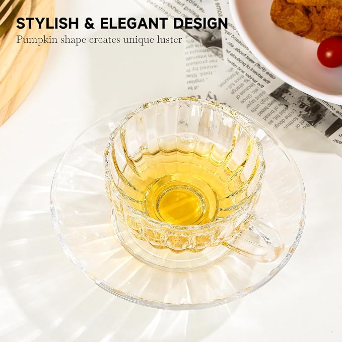Glass Tea Cups and Saucers Set of 6, Clear Coffee Mugs with Stainless Steel Spoon, Dishwasher & Microwave Safe Teacups for Espresso Cappuccino Latte Tea Juice, 6OZ/180ML
