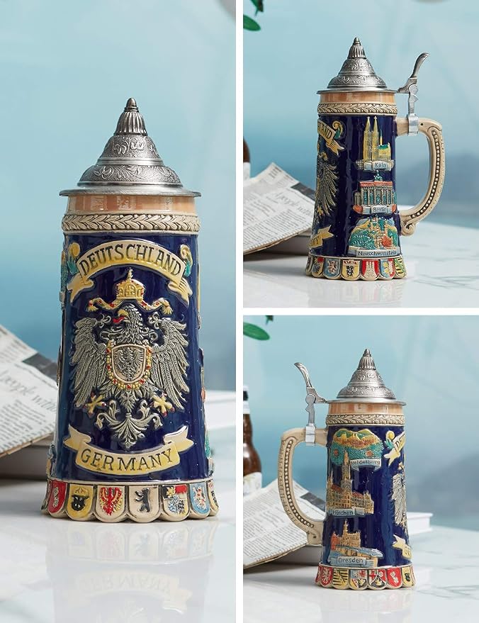 HAUCOZE Beer Stein Mug German Coats of Arms Drinking Viking Tankard with Pewter Lid Birthday Gifts for Men Father Husband 0.6 Liter