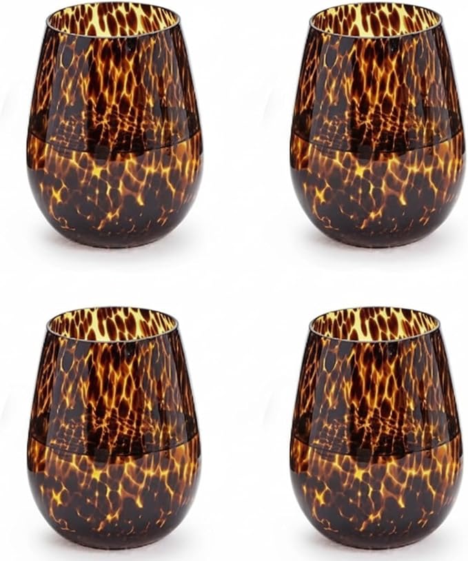 Honeydak Set of 4 Tortoise Leopard Print Brown 16oz Rocks Glasses Stylish Stemless Cocktail Cups Glass Glassware Tumbler Ideal for Gin, Tequila, Vodka, Soft Drinks
