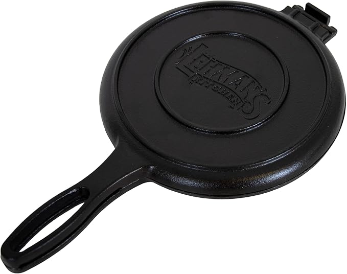 Lehmans Cast Iron Waffle Maker - Two Piece Hinged Non-Electric Waffle Iron for Stovetop or Grill Makes 7 inch Round Waffles - Non-Drip Double Rim - 8 pounds