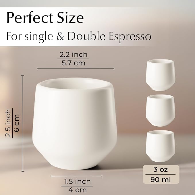 MIAMIO - Espresso Cups Set of 4 (3 oz) / Espresso Cup, Ceramic Espresso Cups, Handleless Mug, Japanese Tea Cups - Luxe Collection (White)