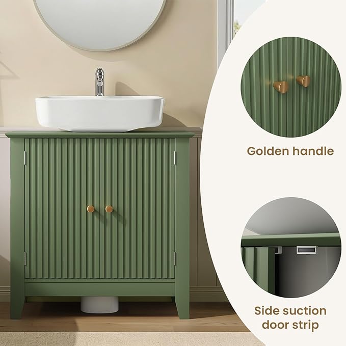 Under Sink Bathroom Cabinet with U-Shape Cutout for Pedestal Sink, Storage Cabinet with 2 Doors, Adjustable Shelf, Freestanding Floor Cabinet, Space-Saving Organizer for Bathroom (Green)