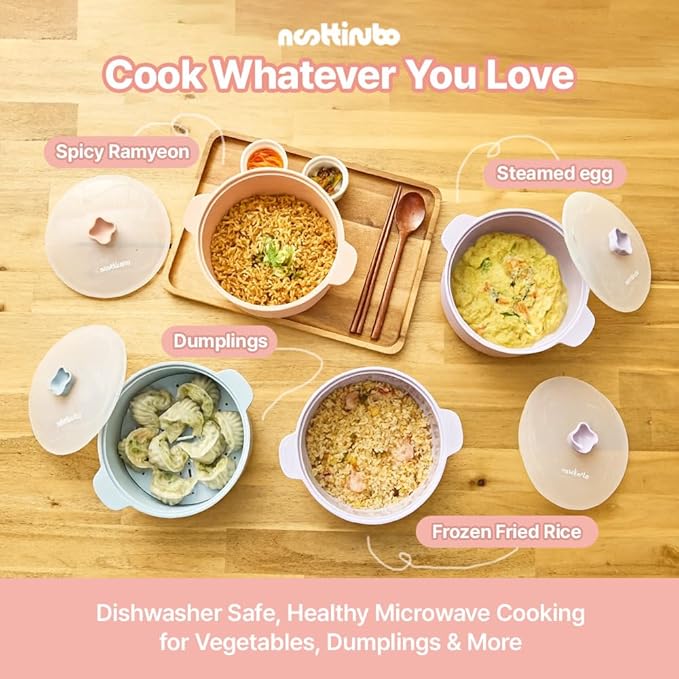 Microwave Egg Cooker & Ramen Cooker | 1.2L Silicone Microwave Steamer Pot with Lid & Steamer Mat | BPA-Free, Dishwasher Safe | noottinubo (Strawberry Milk)