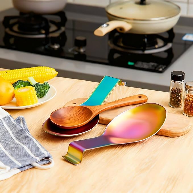 Nuanchu 6 Pcs Stainless Steel Spoon Rest Spatula Ladle Holder Spoon for Stove Top Heavy Duty Spatula Holder for Countertop Dishwasher Safe Utensil Rest for Kitchen, 3.8 x 9.6" (Colorful)