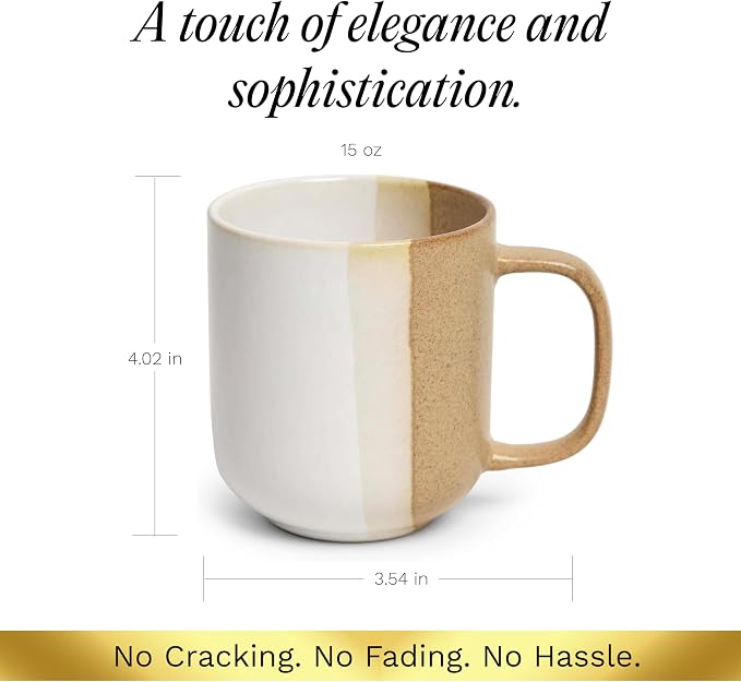 SANGO Phoebe Caramel/White Coffee Mugs Set of 4, 15 oz Stoneware Coffee Mug Set, Big Glossy Ceramic Tea Cup for Cappuccino, Latte, Cocoa, Large Coffee Cups with Handle, Microwave & Dishwasher Safe