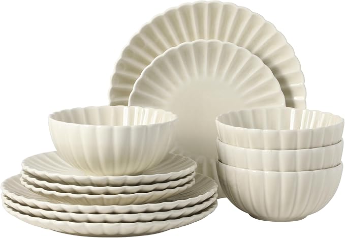 Gibson Elite Peach Orchard 12-Piece New Bone China Dinnerware Set Service for 4, Embossed Fluted Plates and Bowls, Dishwasher and Microwave Safe, Cream White