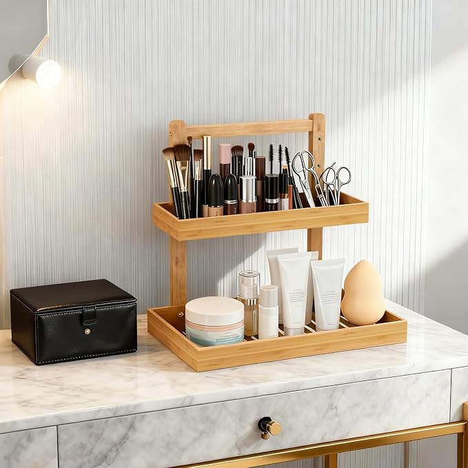 Bamboo Undersink Organizer Storage - 2-Tier Cabinet Shelf with Adjustable Levels, Under Sink Storage Slide Out for Cabinet Pantry Kitchen Bathroom (Natural, 1 Pack)