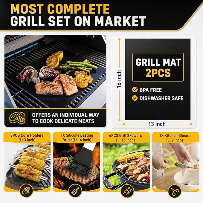 34Pcs Grill Accessories Grilling Gifts for Men, 16 Inches Heavy Duty BBQ Accessories, Stainless Steel BBQ Tools with Thermometer, Grill Mats for Backyard, BBQ Set for Men Women