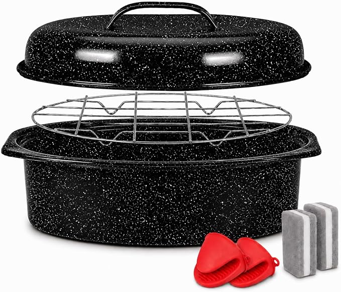 13 Inch Enamel Roasting Pan with Lid & Rack, Oven & Dishwasher Safe Turkey Roaster, 932°F Heat Resistant, Includes Silicone Handles & Cleaning Sponges