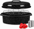 13 Inch Enamel Roasting Pan with Lid & Rack, Oven & Dishwasher Safe Turkey Roaster, 932°F Heat Resistant, Includes Silicone Handles & Cleaning Sponges