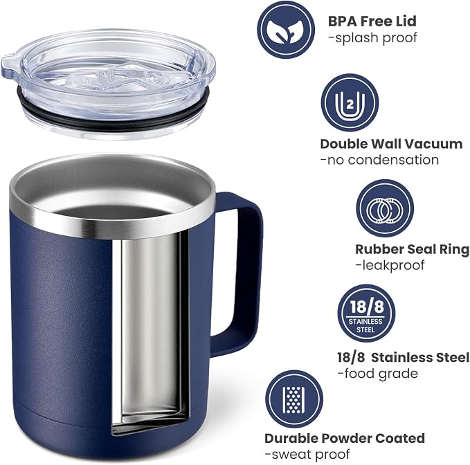 MEWAY 12oz Coffee Mug With Handle and Sliding Lid,Stainless Steel Travel Tumbler Cup with Handle,Double Wall Vacuum Insulated Camping Cup for Hot & Cold Drinks Tea (Navy,Set of 1