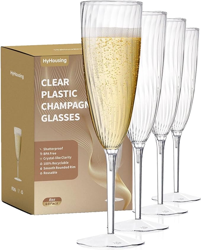 48 Plastic Champagne Flutes, Clear Disposable Plastic Champagne Glasses Reusable Wine Cocktail Cups for Home Daily Life Party Wedding Toasting Drinking Birthday,New Years Eve Party Supplies 2025