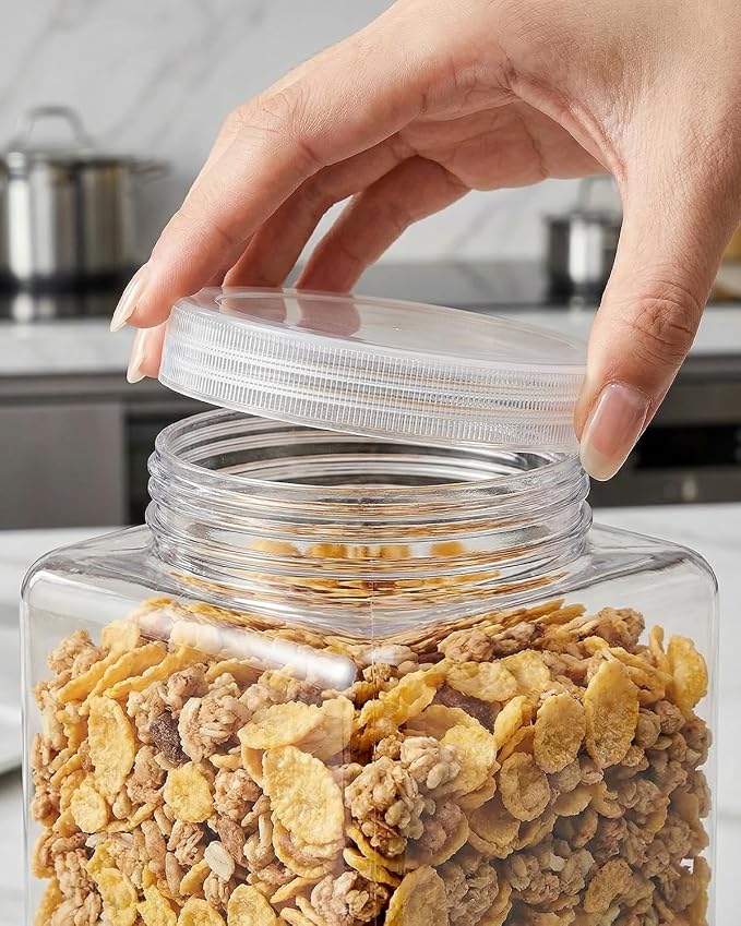 Plastic Storage Jars, 4 Pack Square Wide Mouth Containers with Screw Cap Lids, Transparent Moisture Proof Food Canisters, Clear Pantry Storage Jars (5.1 x 5.1 x 6.3 Inches)