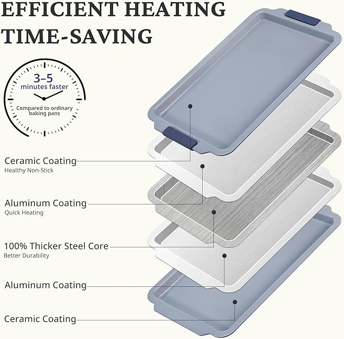 BRONYPRO Non Stick Ceramic Baking Sheet Pan Set of 3, Non Toxic Cookie Sheets (PFAS/PFOA/PTFE Free), Aluminized Steel Oven Trays with Silicone Handles, Rust-Resistant, Warp-Resistant to 500°F, Navy
