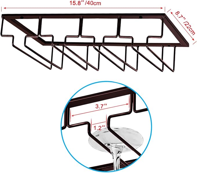 MOCOUM Wine Glasses Rack Under Cabinet Stemware Rack, Wine Glass Hanger Rack Wire Wine Glass Holder Storage Hanger for Cabinet Kitchen Bar (Brown, 4 Rows 2 Pack)
