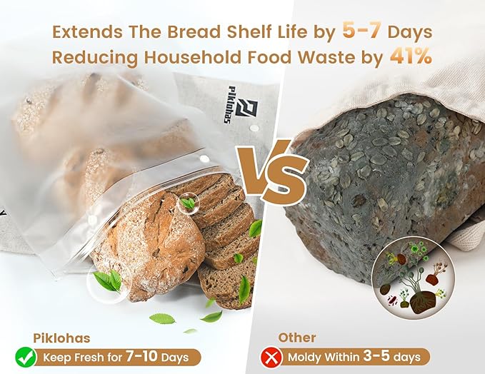 Piklohas Sour Dough Bread Bags, 2 Sets Detachable Bread Storage for Homemade Sourdough, Reusable Linen Food Storage with Lining & Triple Lock for Fresh Keeping, BPA Free, Christmas Bread Maker Gifts