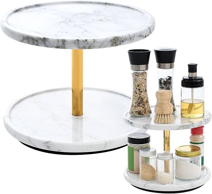 Colingmill 2-Tier Marble Lazy Susan, 10'' Circular Marble Stone Decorative Tray Organizer, Rotating Bathroom Turntable, Kitchen Spice Rack Organizer for Countertop Vanity Dresser Dining Table Pantry