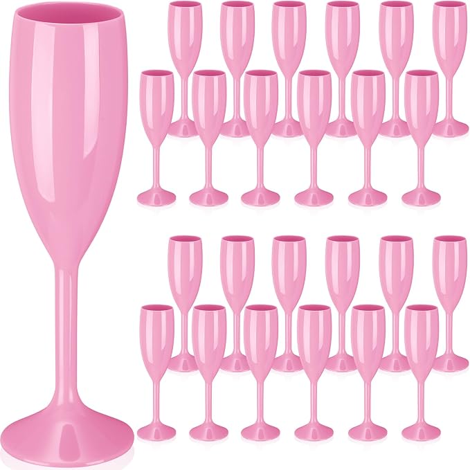 Maxcheck 24 Pcs Champagne Flutes Bulk Acrylic Toasting Drinking Flute Unbreakable Goblet Champagne Cups 6 oz Plastic Wine Glasses for Mother's Day Wedding Bridal Shower Anniversary Party (Pink)