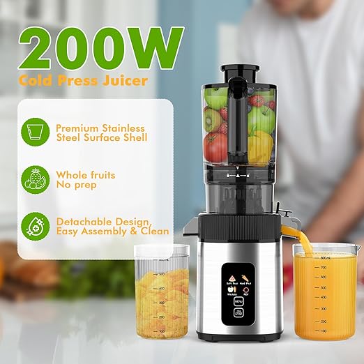 Electactic Cold Press Juicer, 4.4" Large Feed Chute Juice High Juice Yield with Slow Masticating Juicer for Whole Vegetables & Fruits, Stainless Steel