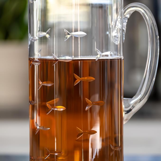 Rolf Glass School of Fish Pitcher | 44oz Glass Pitcher | Diamond Engraved in America | Coastal Fish Design | Lead-Free Glassware