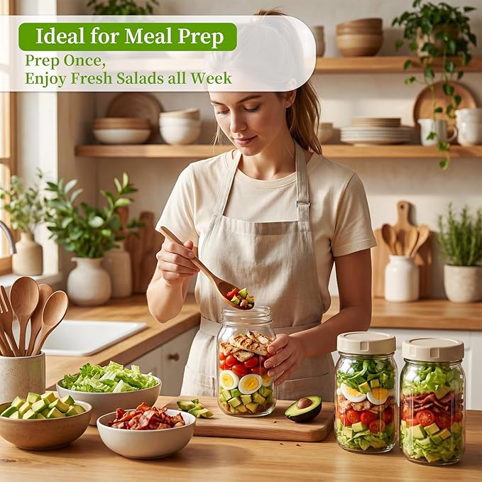 2 Pack Glass Salad Jars with Lids Meal Prep, 32oz Meal Prep Glass Salad Jars with 2 Stainless Steel Forks Wet/Dry Dressing Cups for Home, Office and Outdoor, 32oz Mason Jars