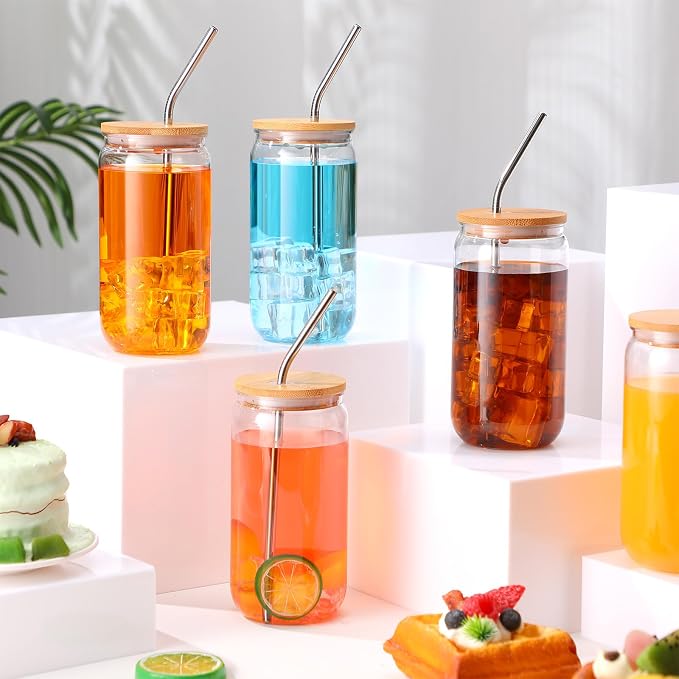 16 Pcs Plastic Cups with Lids and Straws Acrylic Mason Jars with Bamboo Lids Mason Jar tumblers with Sticker and Diamond for DIY Decorate Mugs Drinking for Water Beverage Beer (16 oz,Clear)