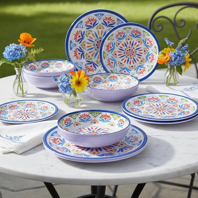 Dinnerware Set 12Pcs Melamine Plates and Bowls (Blue Flower) | Wedding Gift,Parties,Home,Service,Durable,Floral Pattern,Tableware Dinner, Salad Dessert Plates,Housewarming