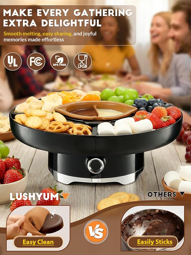 LUSHYUM Electric Chocolate Fondue Set, 4-Cup Chocolate, Rotating Tray | Melt & Warm Modes, Dual Silicone Inserts, 6 Color-Coded Forks, Easy-Clean, Ideal for Candy Melts, Couple Family, Date Night