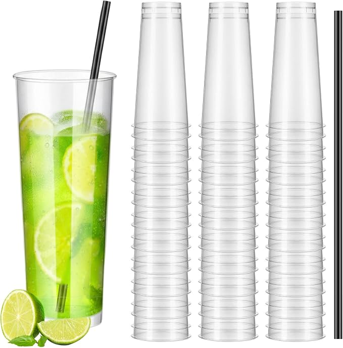 Plastic Highball Glasses with Straws(set of 48), 32 oz Shatterproof Drinking Cups, Tall Whiskey Collins Glass with Straws, Smoothie Tumbler Mojito Cocktail Cups for Wedding Fall Xmas Party