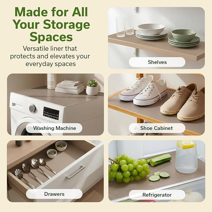EVALAND Shelf Liners for Kitchen Cabinets Non-Adhesive 12" x 33 FT Beige Drawer Liner Non Slip, Washable Cabinet Liner, Waterproof Shelf Liners for Cabinets, Refrigerator Bathroom Pantry - Thickened