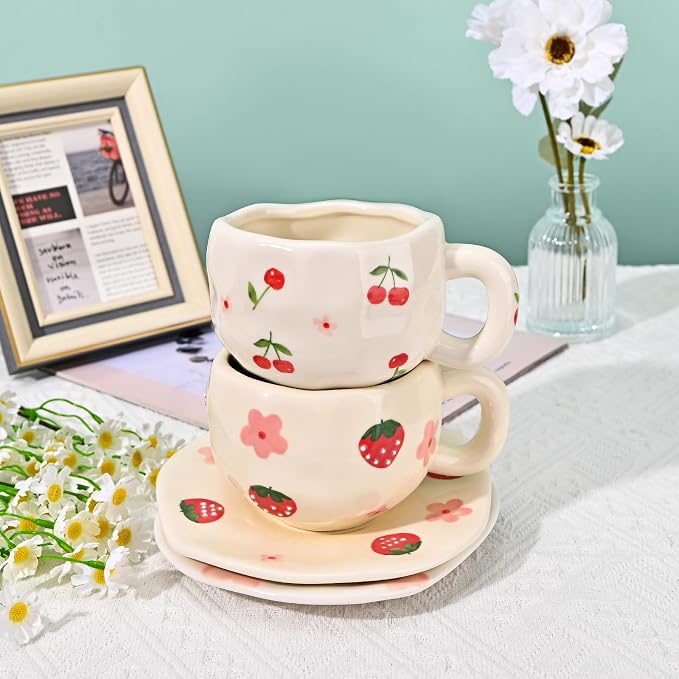 Koythin Ceramic Coffee Mug with Saucer Set, Creative Cute Cherry Cup Unique Irregular Design for Office and Home, 10 oz/300 ml for Latte Tea Milk