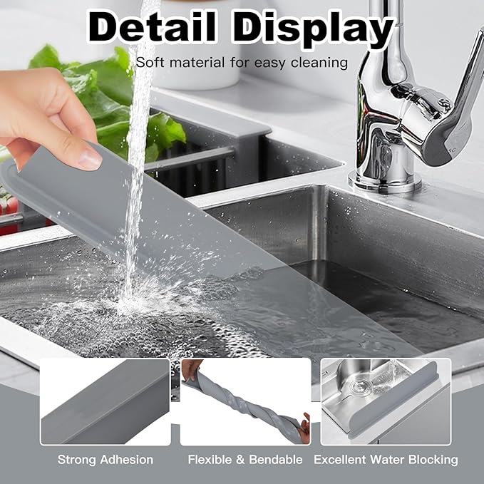 Silicone Sink Splash Guard – Extra-Long 19.3" Water Protector for Kitchen & Bathroom, No-Slip, Heat-Resistant, Dishwasher Safe (19.3 * 3.3 * 2in) (grey)