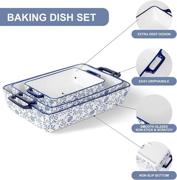 Ceramic Bakeware Set - Casserole Dish Baking Dishes for Oven - Rectangular Lasagna Pans with Handles for Kitchen Cooking - Microwave & Dishwasher Safe - Set of 3 (15.1''/13.6''/9.9'') - Blue