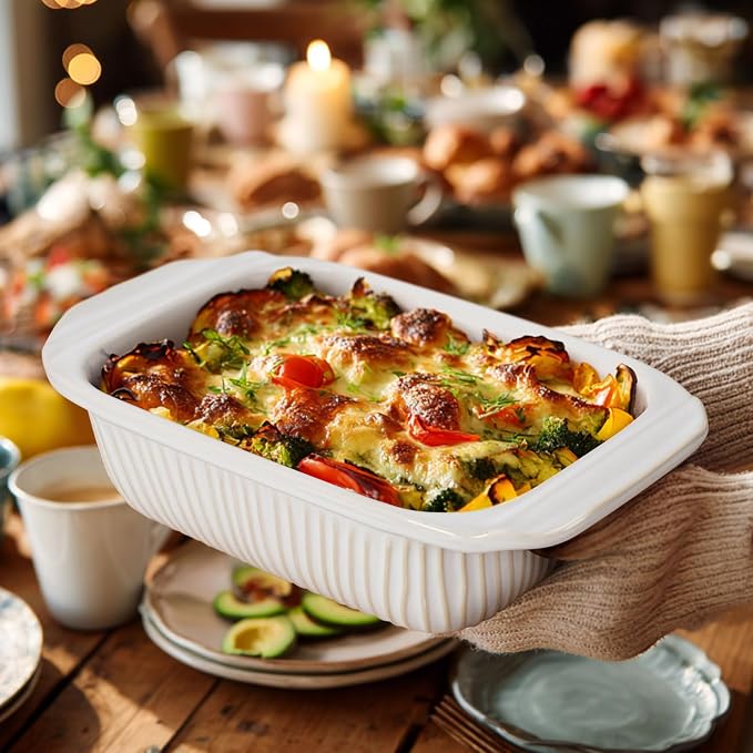 Artena Baking Dish 2.3 Quarts, Casserole Dishes For Oven, Baking Pan With Handles, Lasagna Pan Deep, Large Casserole Dish, Rectangular Ceramic Bakeware (White, With Rack)