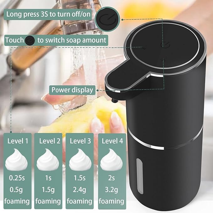 2Pack Automatic Soap Dispenser Touchless Foaming Soap Dispenser USB Rechargeable Dispenser Electric Wall Mounted Dispenser Pump for Bathroom Kitchen Dish Soap(Black)
