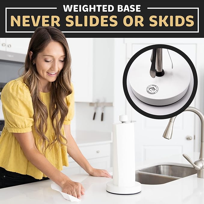 Heavy-Duty Stainless Steel Paper Towel Holder - Easy One-Handed Tear with Suction Cups - Modern Weighted Standing Countertop Dispenser for Kitchen - Holds All Paper Towel Rolls, White