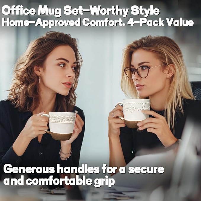 Artena Ceramic Coffee Mugs Set of 4, 16oz Embossed Large Latte Mugs Coffee Cups with Handle for Tea, Latte, Cappuccino & Cocoa, Milk Dishwasher & Microwave Safe, White (Multiple Patterns)