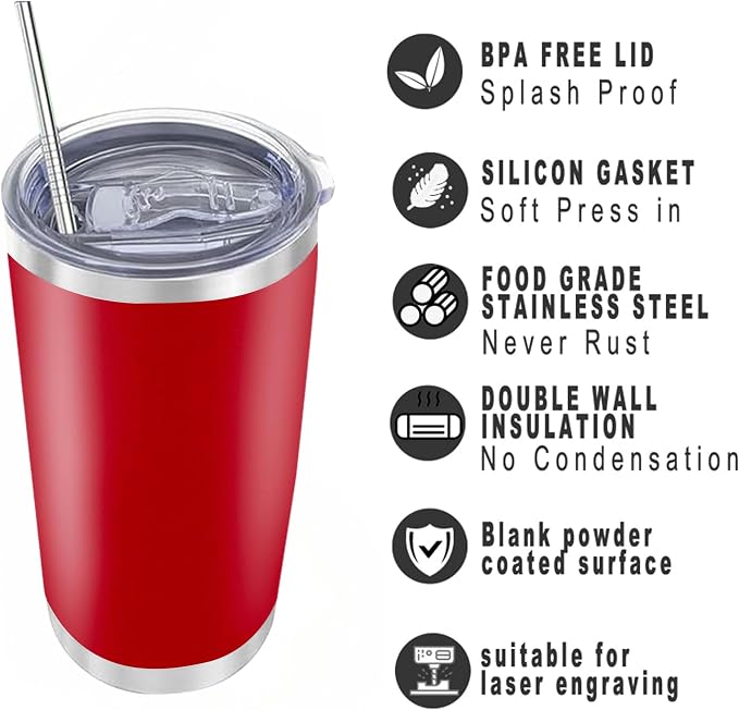 20oz insulted tumblers stainless steel cup Tumbler Bulk with push Lid, and metal straw powder coated coffee cup for cold and hot drinking (12, red)