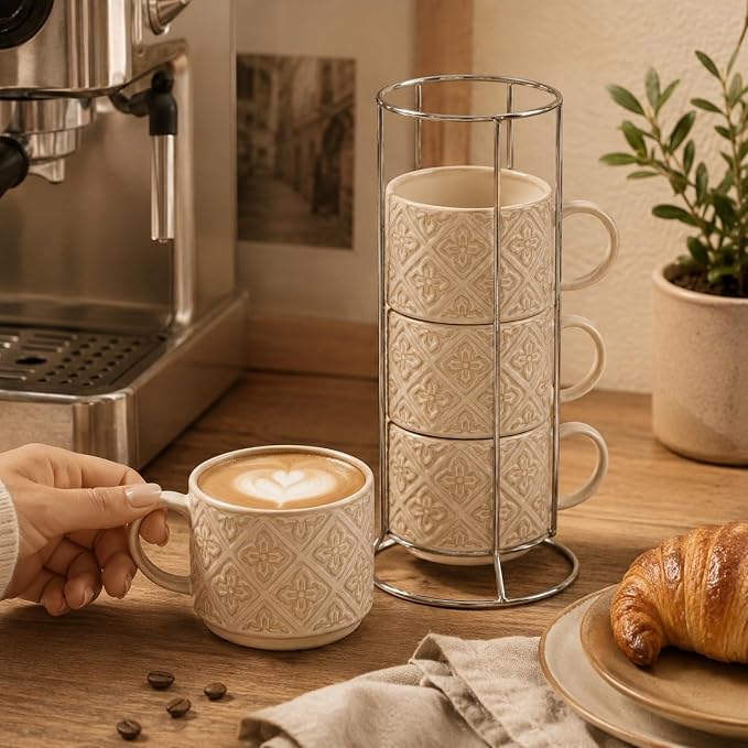 6 Oz Coffee Cups with Stand, Stackable Espresso Cups Set of 4, Ceramic Cappuccino Cup, Embossed Coffee Mugs for Latte, Cocoa, Mocha, Tea, Housewarming Wedding Present, Dishwasher Safe